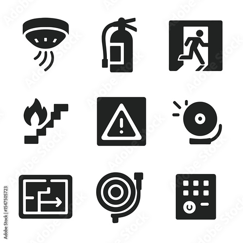 Building Safety Icons. Solid, filled icons set of building safety systems: smoke detector, fire extinguisher,