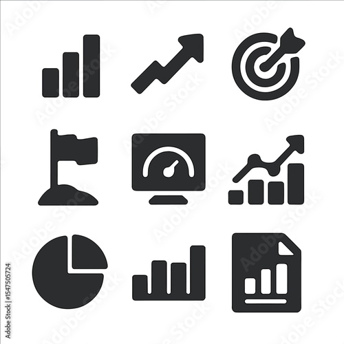 Business Growth Icons. Solid, filled icons set of business growth indicators: bar chart, upward arrow, target
