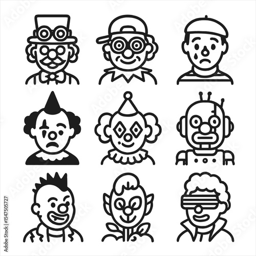 Modern Clown Icon Set. Outline icon set of modern clown variations: steampunk clown, neon raver clown, mime clown, gothic clown,