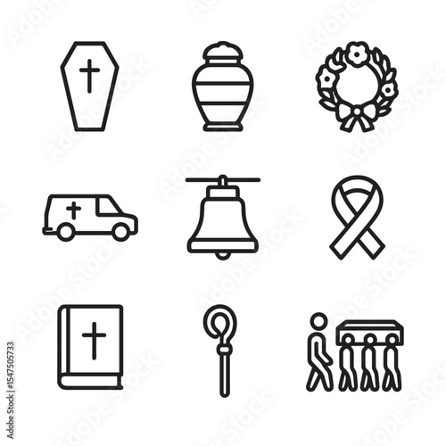 Funeral Icon Set. Outline icon set of funeral ceremonies: coffin, urn, wreath, hearse, funeral bell, mourning ribbon, prayer book,