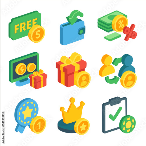 Betting Promotion Icons. Isometric Flat icon set of betting promotions: Free bet, Cashback, Deposit bonus, Welcome bonus, Referral