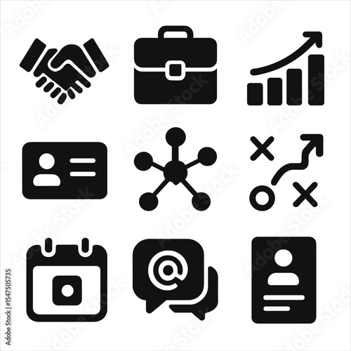 Business Icon Grid. Solid, filled icons set of business development and networking: handshake, briefcase,