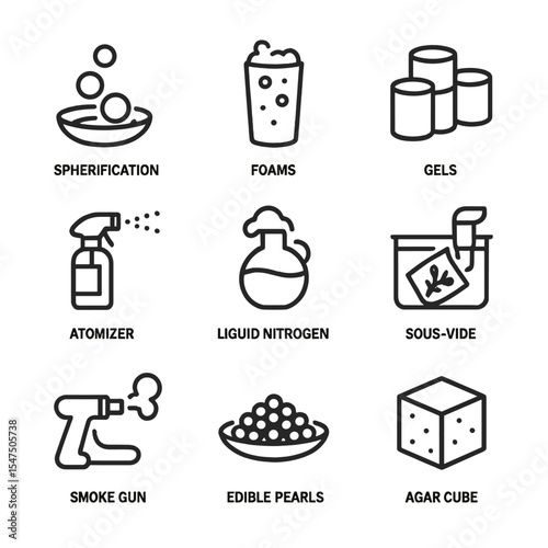 Molecular Mixology Icons. Outline icon set of molecular mixology: spherification, foams, gels, atomizer, liquid nitrogen,