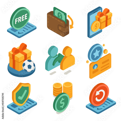 Betting Promotion Icons. Isometric Flat icon set of betting promotions: Free bet, Cashback, Deposit bonus, Welcome bonus, Referral