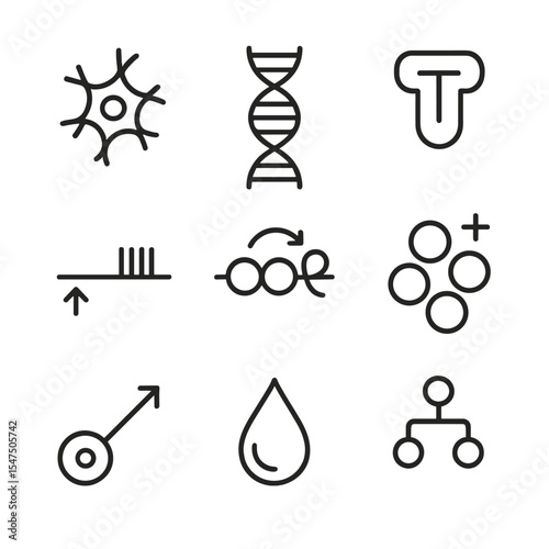 Genetic Influence Icons. Outline icon set of genetic influence on neurogenesis: neural stem cell, DNA helix, transcription factor,