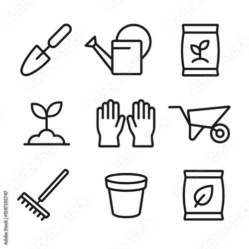 Gardening Skills Icons. Outline icon set of gardening skills training: trowel, watering can, seed packet, plant sprout, gloves,