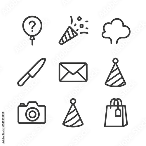 Gender Reveal Icons. Outline icon set of gender reveal party: question mark balloon, pink confetti cannon, blue smoke cloud, cake
