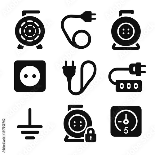 Cable Reel Icon Set. Solid, filled icons set of cable reel: cable drum, power cord, winding handle, socket