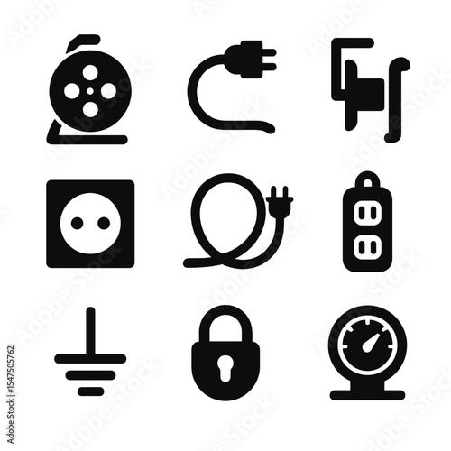 Cable Reel Icon Set. Solid, filled icons set of cable reel: cable drum, power cord, winding handle, socket