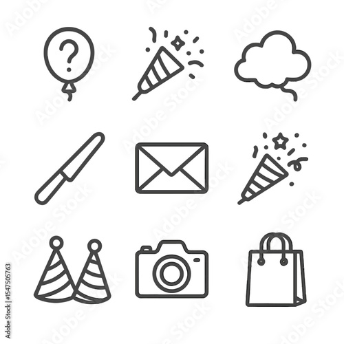 Gender Reveal Icons. Outline icon set of gender reveal party: question mark balloon, pink confetti cannon, blue smoke cloud, cake