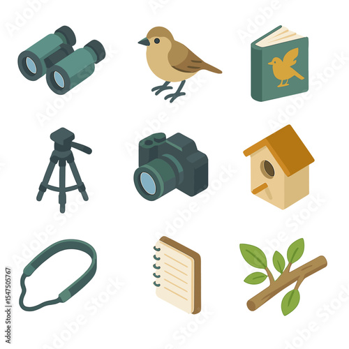Bird Watching Icons. Isometric Flat icon set of bird watching trek: binoculars, bird, field guide, tripod, camera, birdhouse,