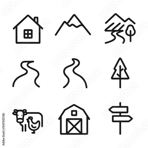 Mountain Village Icons. Outline icon set of village life in the mountains: house, mountain, farm, river, road, tree, animals, barn