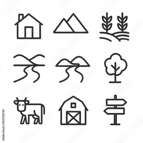 Mountain Village Icons. Outline icon set of village life in the mountains: house, mountain, farm, river, road, tree, animals, barn
