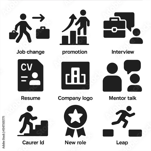 Career Advancement Icons. Solid, filled icons set of career risk and reward: job change icon, promotion chart,