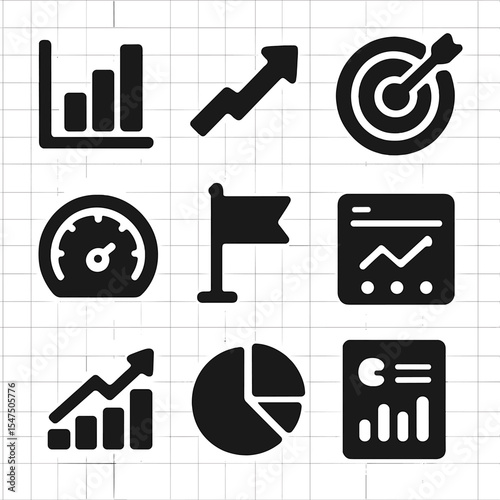 Business Growth Icons. Solid, filled icons set of business growth indicators: bar chart, upward arrow, target