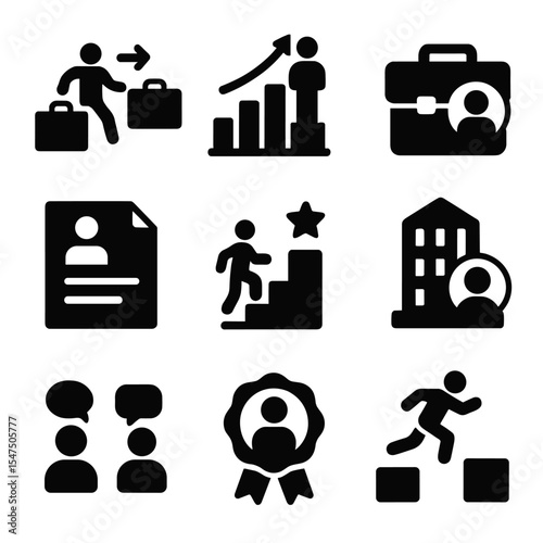 Career Advancement Icons. Solid, filled icons set of career risk and reward: job change icon, promotion chart,