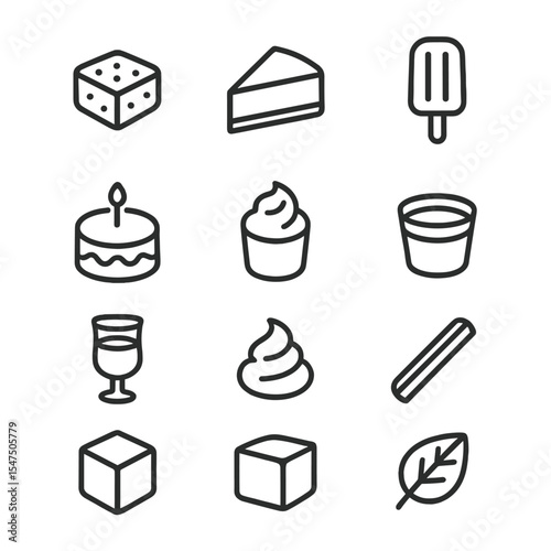 Frozen Desserts & Cocktails. Outline icon set of frozen desserts: brownie bite, cheesecake slice, fruit pop, ice cream cake,