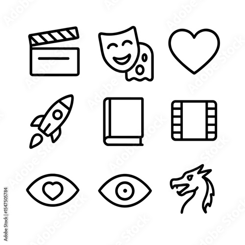 Movie Genre Icons. Outline icon set of movie genres: action clapperboard, comedy mask, horror ghost, romance heart, sci-fi rocket,