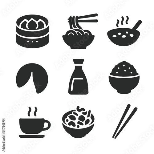Chinese Cuisine Icons. Solid, filled icons set of Chinese cuisine: dumpling steamer, noodle bowl, wok pan,