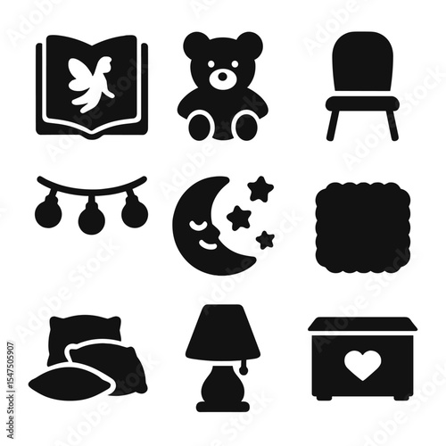 Children's Reading Nook Icons. Solid, filled icons set of children’s reading nook: storybook, plush toy, kids