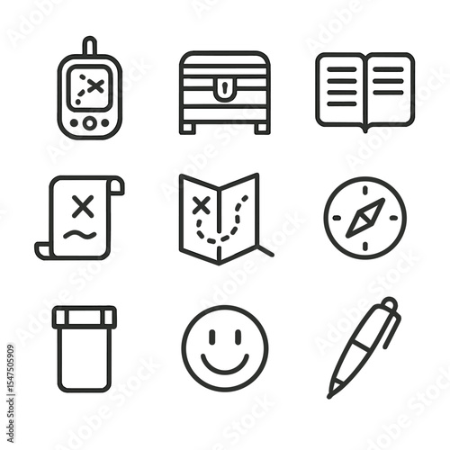 Geocaching Icons Set. Outline icon set of geocaching treasure hunt: GPS device, treasure box, logbook, clue note, trail map,