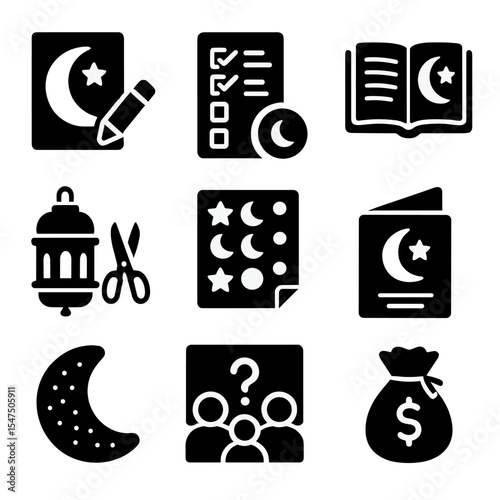 Children's Ramadan Icons. Solid, filled icons set of children's Ramadan activities: moon coloring page, prayer