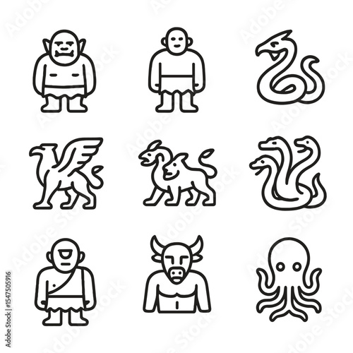 Mythical Beast Icons. Outline icon set of mythical beasts and monsters: ogre, giant, basilisk, griffin, chimera, hydra, cyclops,