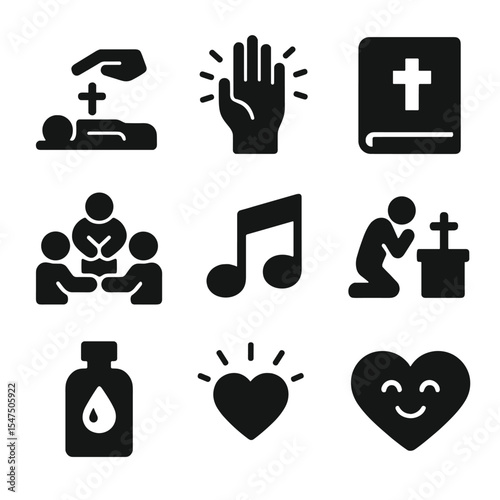 Church Healing Icons. Solid, filled icons set of church healing ministries: healing service, worship hand,