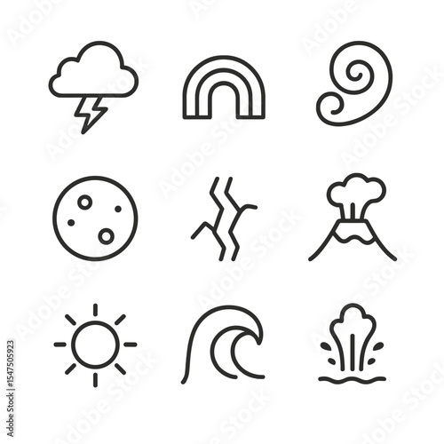 Natural Omens Icons. Outline icon set of natural omens: thunderstorm cloud, rainbow arch, unusual cloud swirl, blood moon,