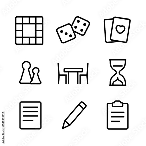 Board Game Icons. Outline icon set of couple playing board games: board game, dice, cards, game pieces, table, chairs, timer,