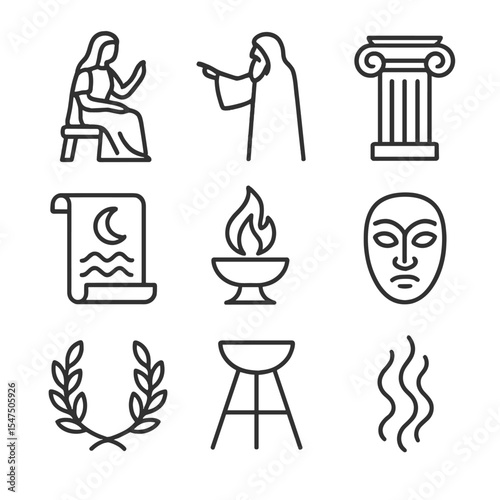 Mythical Prophecy Icons. Outline icon set of mythical prophecy scenes: oracle at Delphi, seer silhouette, temple column, prophecy