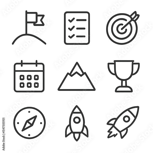 Goal Setting Icons. Outline icon set of goal-setting affirmations: flag on hill, checklist, target, arrow, calendar, mountain,