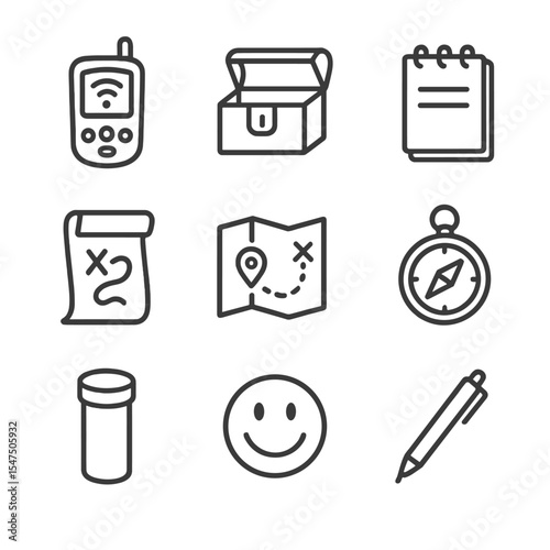 Geocaching Icons Set. Outline icon set of geocaching treasure hunt: GPS device, treasure box, logbook, clue note, trail map,