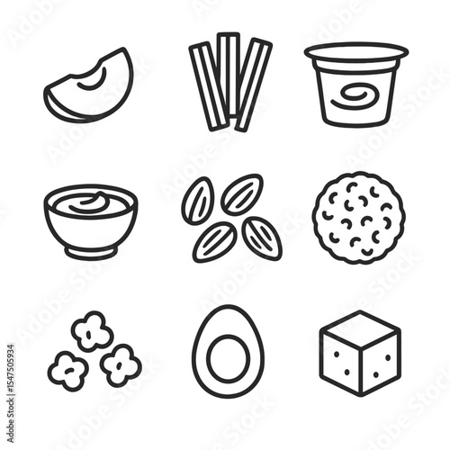 Healthy Snack Icons. Outline icon set of snack swaps: apple slice, carrot sticks, Greek yogurt cup, hummus dip, almond handful,