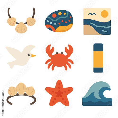 Children's Seaside Crafts. Solid, filled icons set of children’s seaside crafts: shell necklace, painted rock,