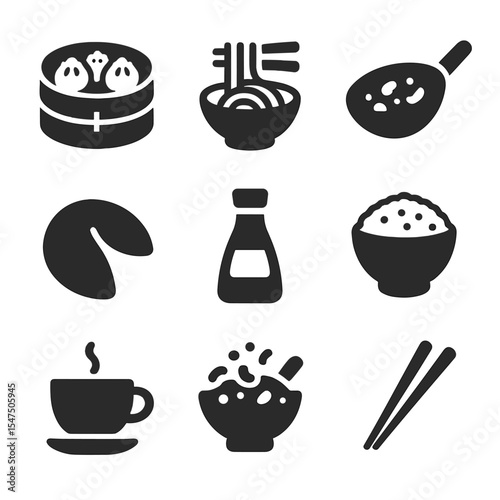 Chinese Cuisine Icons. Solid, filled icons set of Chinese cuisine: dumpling steamer, noodle bowl, wok pan,