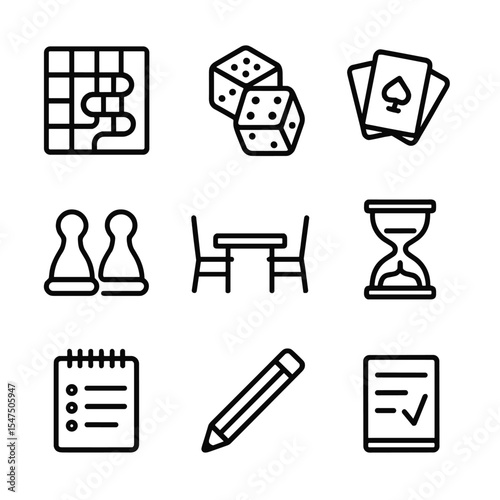 Board Game Icons. Outline icon set of couple playing board games: board game, dice, cards, game pieces, table, chairs, timer,