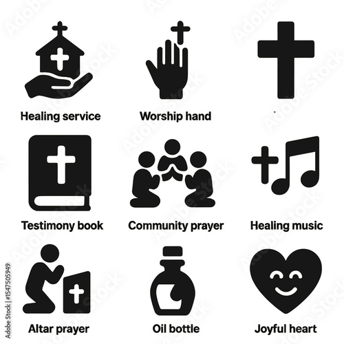 Church Healing Icons. Solid, filled icons set of church healing ministries: healing service, worship hand,