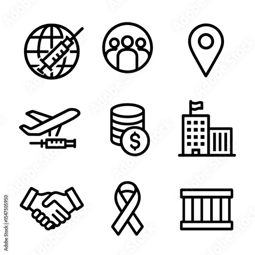 Global Vaccination Icons. Outline icon set of global vaccination initiatives: globe with syringe, vaccine alliance logo, map pin,