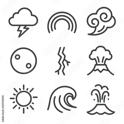 Natural Omens Icons. Outline icon set of natural omens: thunderstorm cloud, rainbow arch, unusual cloud swirl, blood moon,