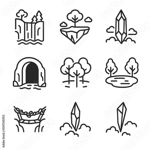 Mythical Landmark Icons. Outline icon set of mythical landmarks: enchanted waterfall, floating island, crystal spire, ancient
