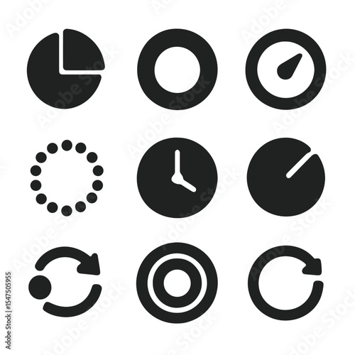 Circular Data Icons. Solid, filled icons set of circular data visualization: radial chart, donut graph,