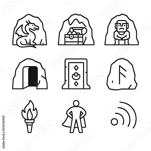 Mythical Cave Icons. Outline icon set of mythical cave legends: dragon lair, hidden treasure chest, ancient idol, secret passage,