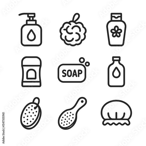 Body Care Icons. Outline icon set of body care and hygiene: body wash pump, loofah sponge, body lotion, deodorant stick, bar soap,