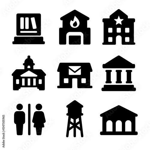 Civic Amenities Icons. Solid, filled icons set of civic amenities: library, fire station, police station, city