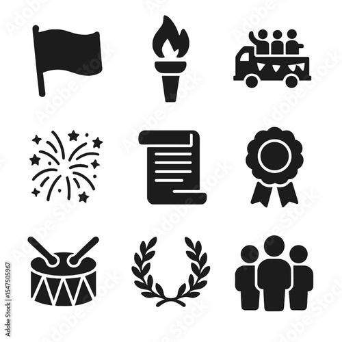 Civic Holiday Icons. Solid, filled icons set of national and civic holidays: flag wave, independence torch,