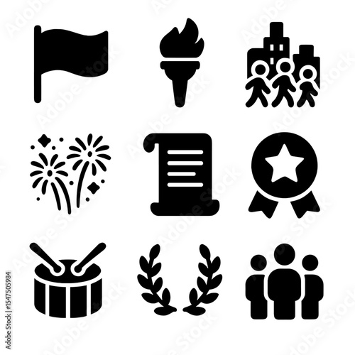 Civic Holiday Icons. Solid, filled icons set of national and civic holidays: flag wave, independence torch,