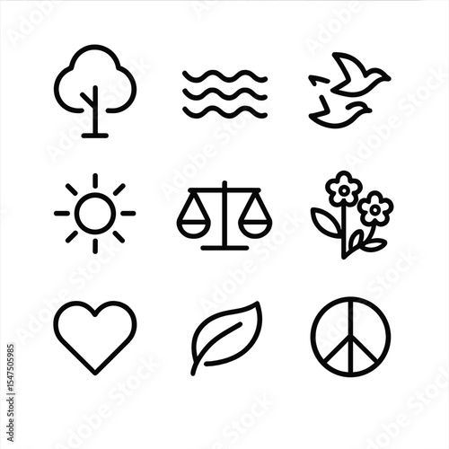 Nature Harmony Icons. Outline icon set of harmony with nature: tree, water, birds, sun, balance, flowers, heart, nature, peace.