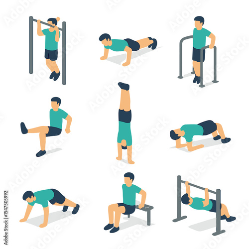 Bodyweight Exercise Icons. Isometric Flat icon set of bodyweight training: pull-up bar, push-up position, dip station, pistol