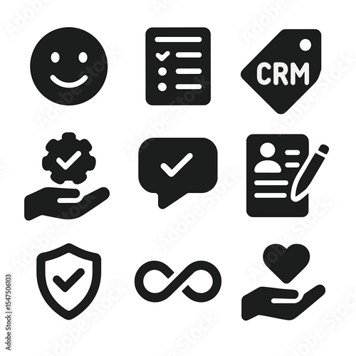 Client Relationship Icons. Solid, filled icons set of client relationship building: happy face, feedback form,